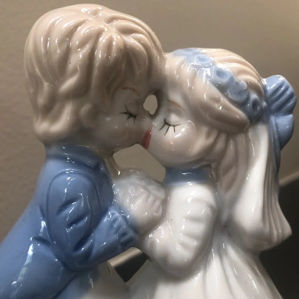 Vintage Ceramic Porcelain Figurine of Kissing Wedding Couple Cake Topper- Blue